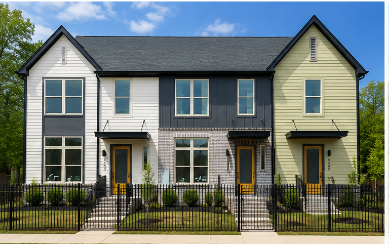 Front elevation of an East End Village townhome building