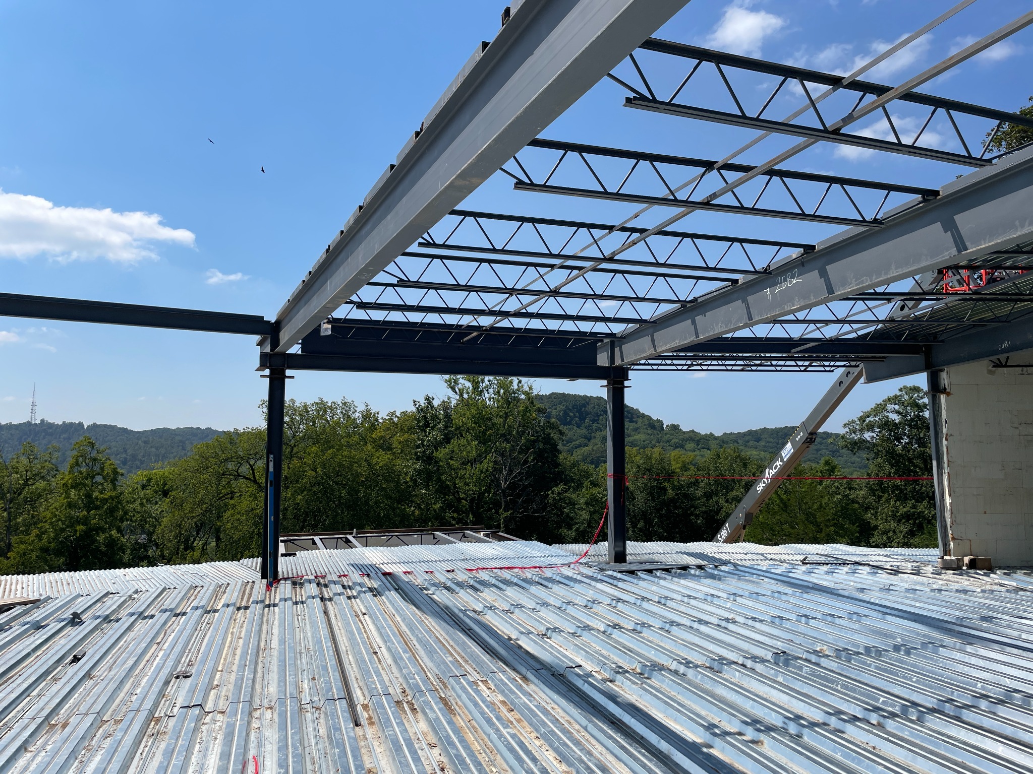 Structural steel framing and metal deck during construction