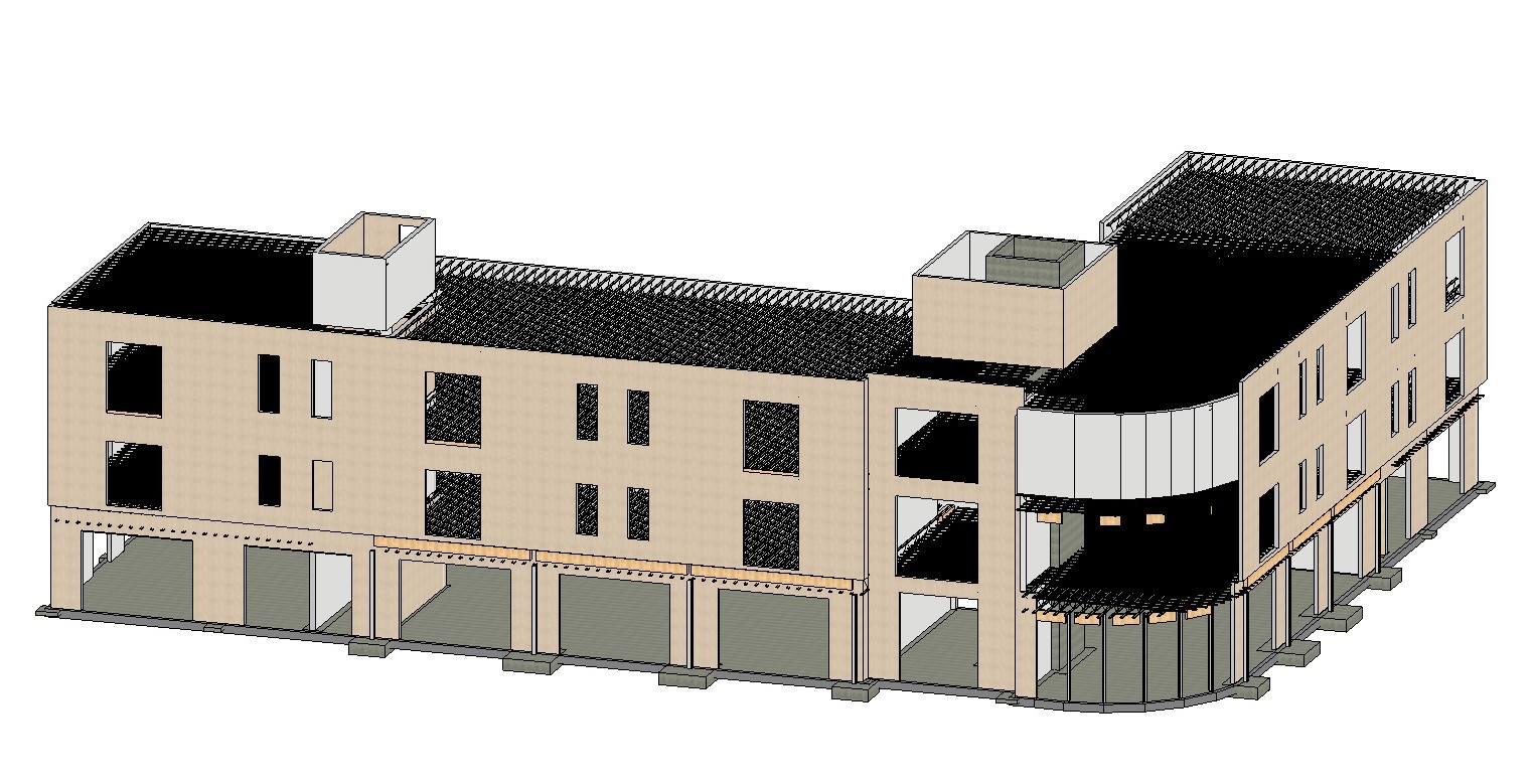 Structural model view of a three-story mixed-use commercial and residential building
